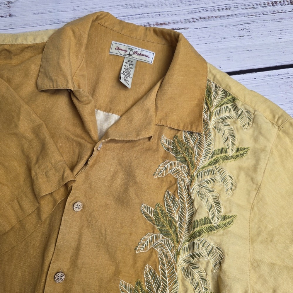 Tommy Bahama Shirt Mens Medium Yellow Gold Linen Silk Tropical Floral Embroidery